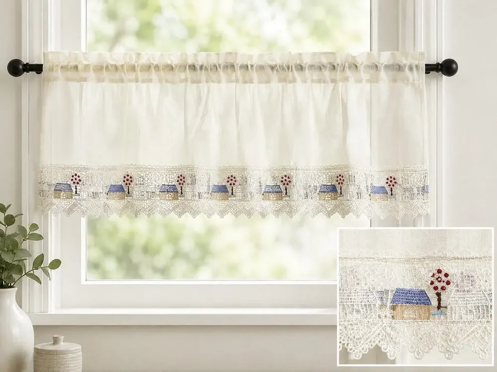 Cottage Village Lace Sheer Rod Pocket Valance Beige House Cream 60x14